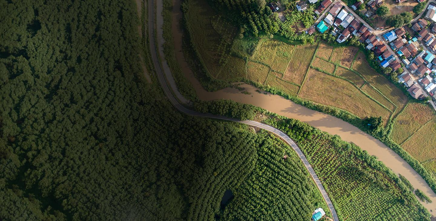 An overhead view of a rural community